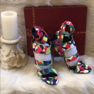 Colorful wrap ankle heels.
